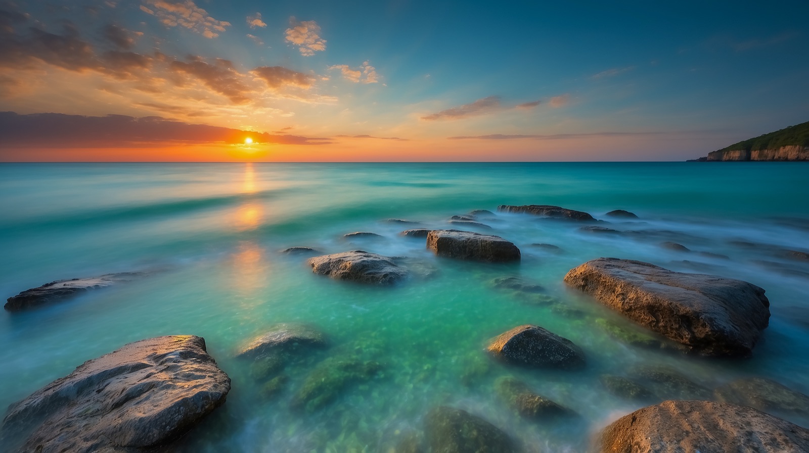 Sunset over a clear emerald sea with rocks along the shore